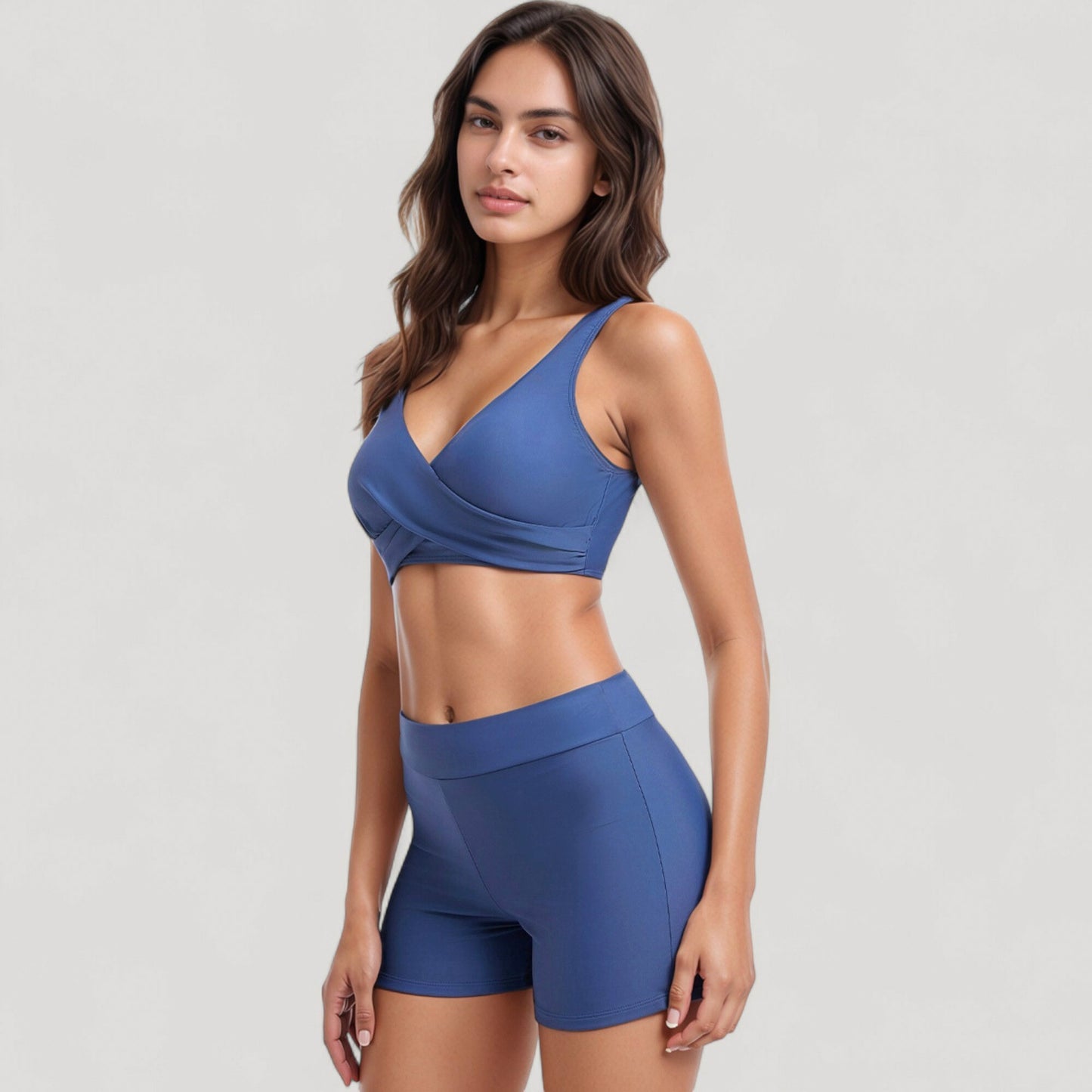 Twist Front Bikini Top and High Waist Swim Shorts Set with Supportive Wide Straps and Soft Stretch Fit