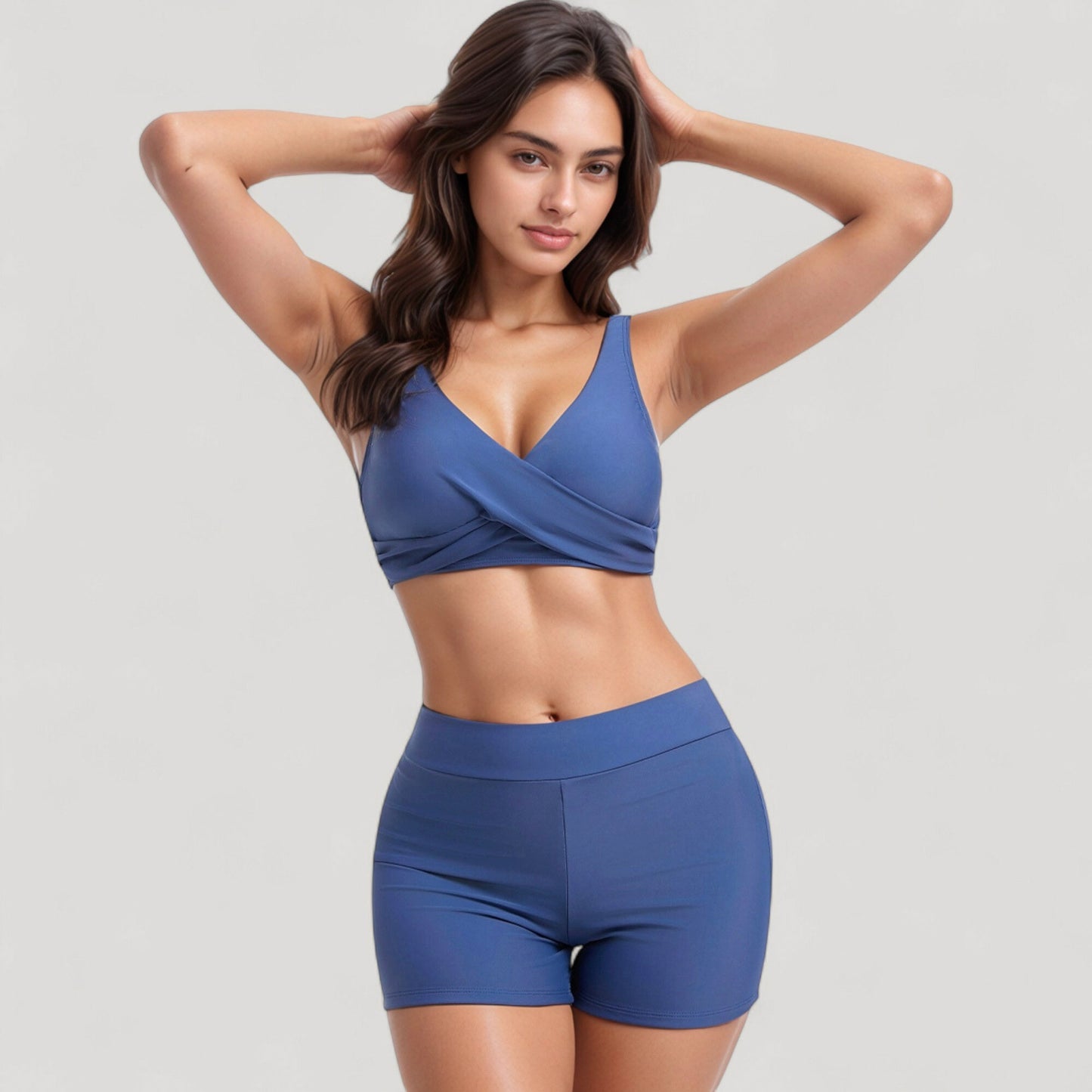 Twist Front Bikini Top and High Waist Swim Shorts Set with Supportive Wide Straps and Soft Stretch Fit