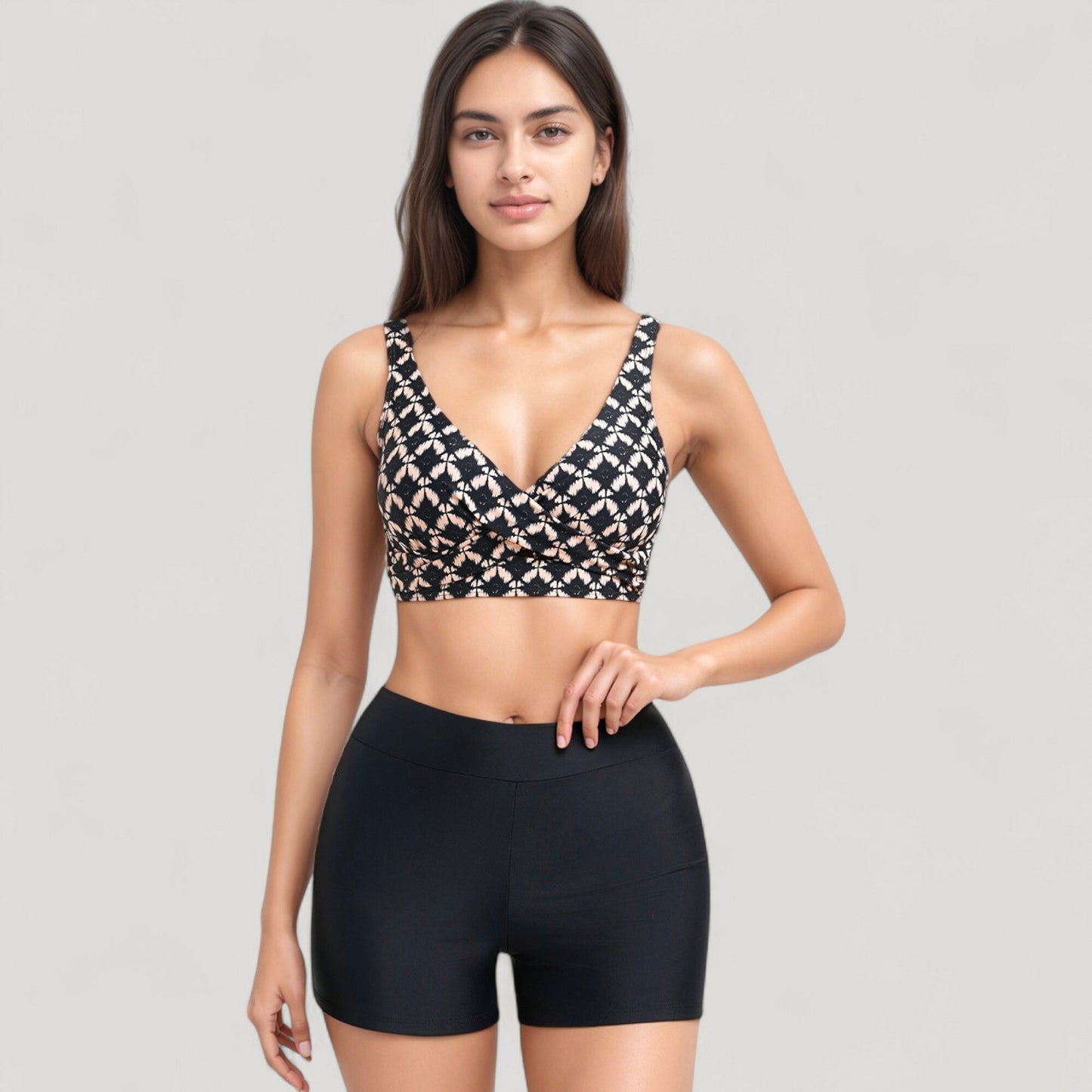 Twist Front Bikini Top and High Waist Swim Shorts Set with Supportive Wide Straps and Soft Stretch Fit