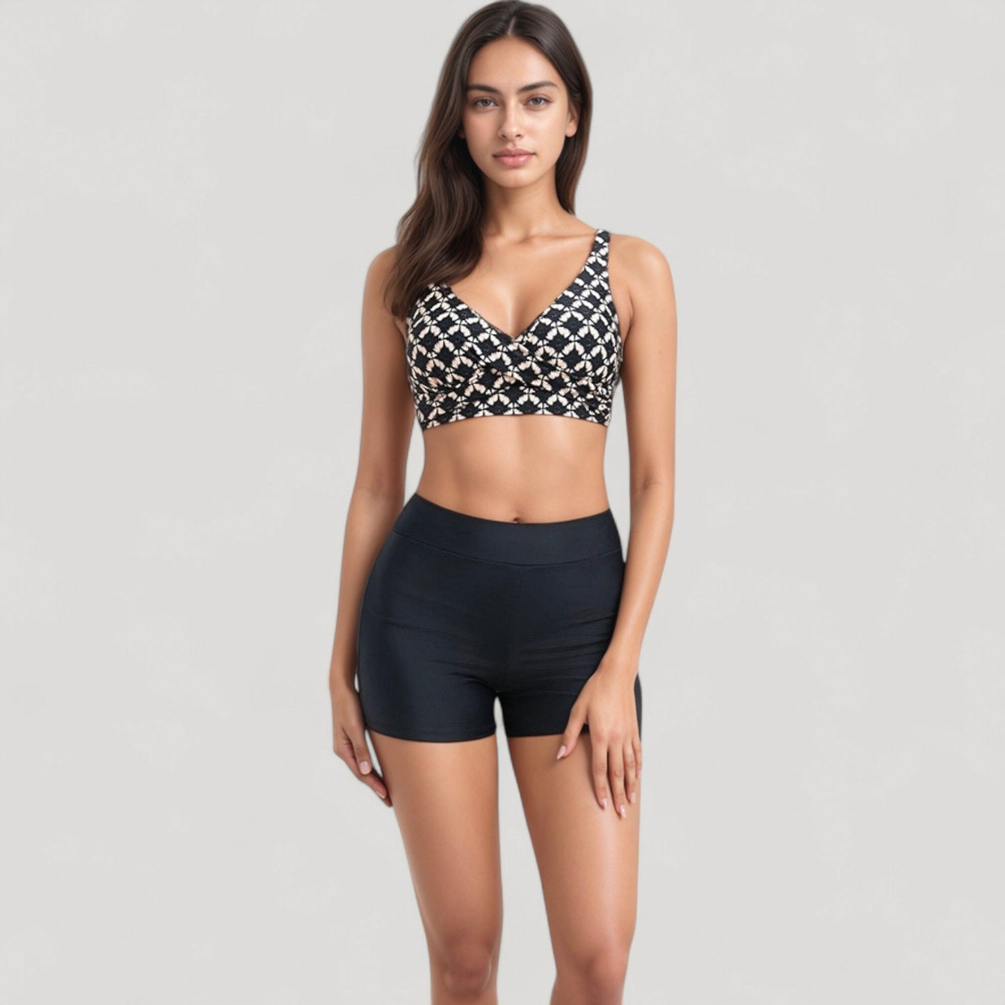 Twist Front Bikini Top and High Waist Swim Shorts Set with Supportive Wide Straps and Soft Stretch Fit