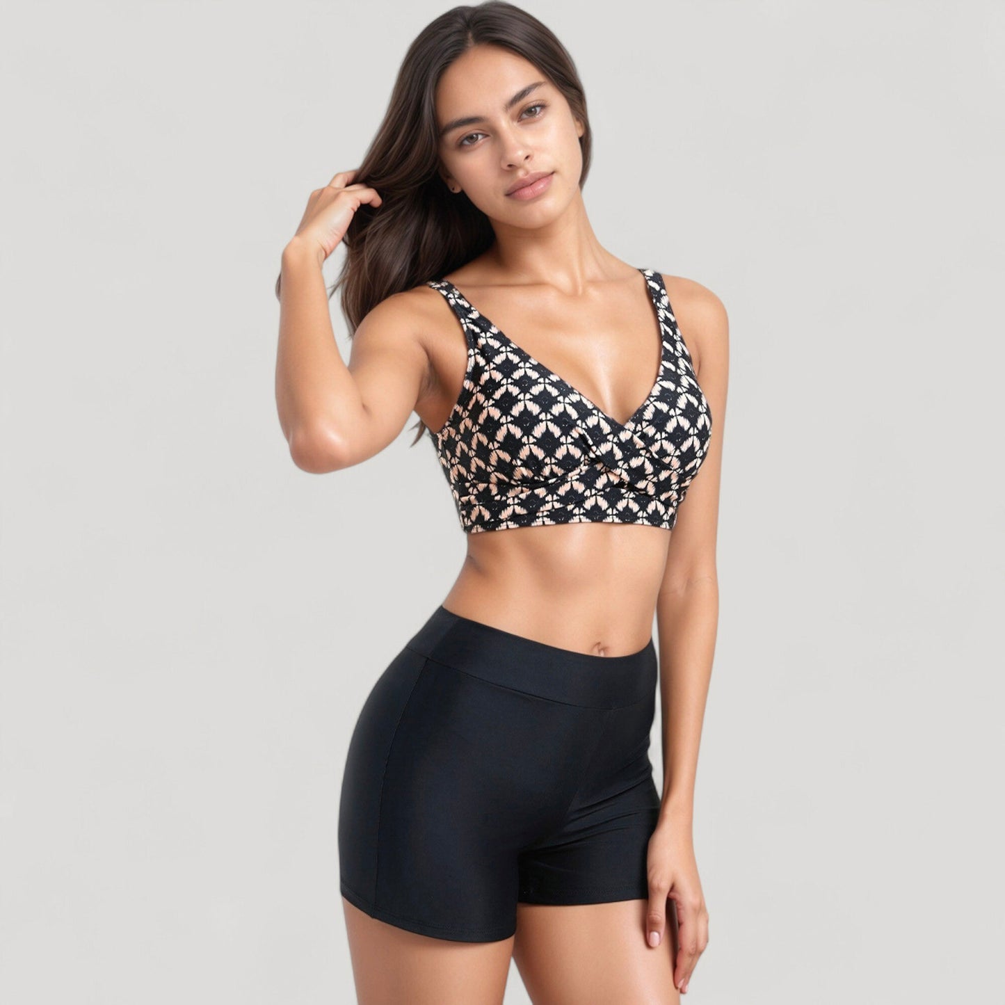 Twist Front Bikini Top and High Waist Swim Shorts Set with Supportive Wide Straps and Soft Stretch Fit