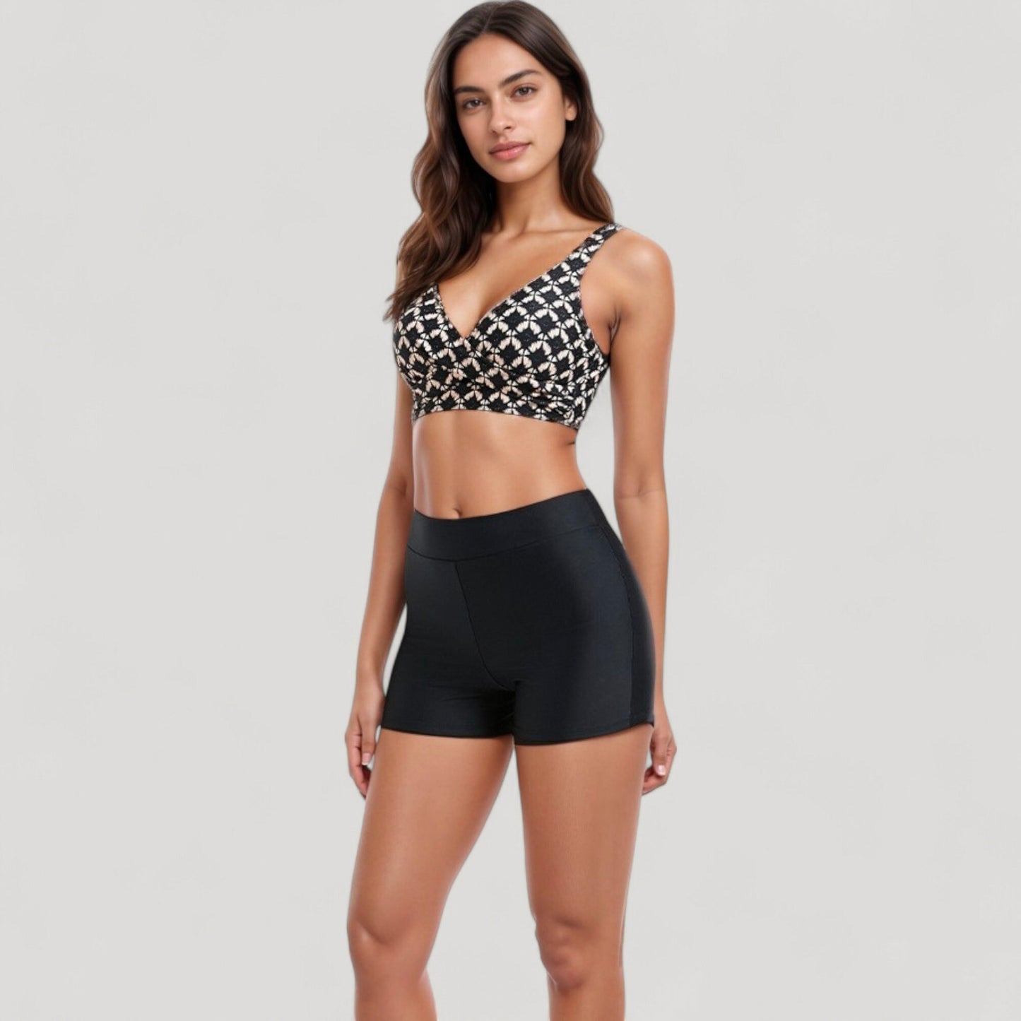 Twist Front Bikini Top and High Waist Swim Shorts Set with Supportive Wide Straps and Soft Stretch Fit