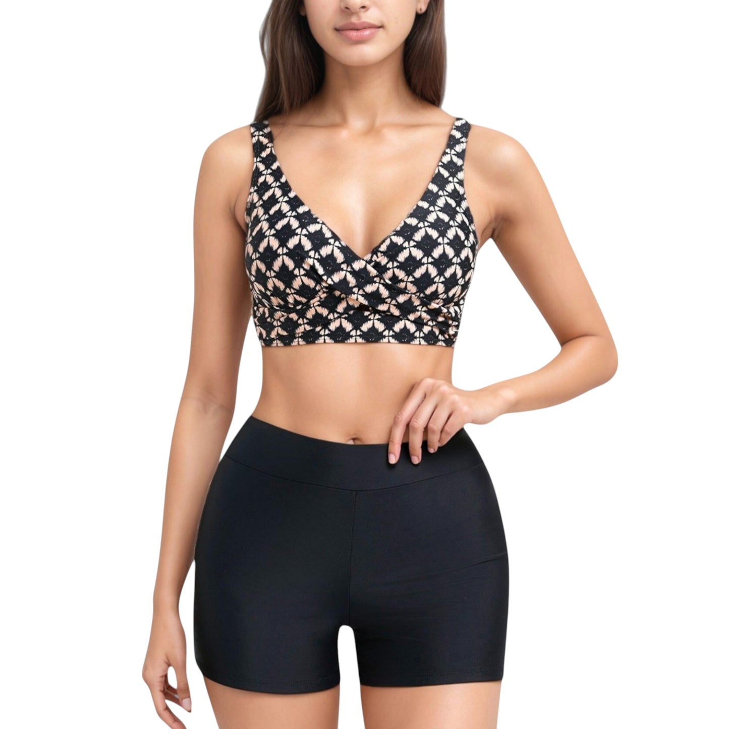 Twist Front Bikini Top and High Waist Swim Shorts Set with Supportive Wide Straps and Soft Stretch Fit