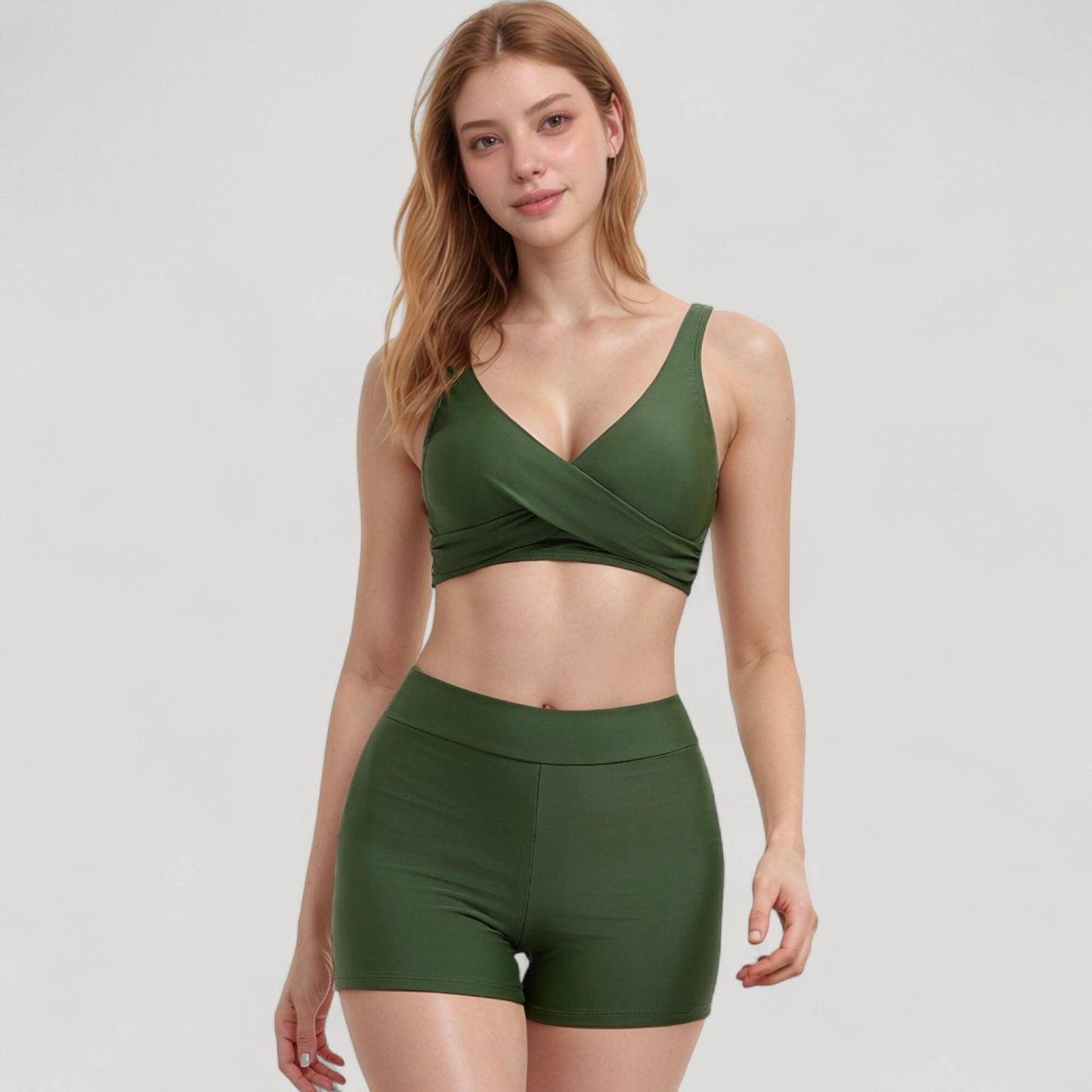 Twist Front Bikini Top and High Waist Swim Shorts Set with Supportive Wide Straps and Soft Stretch Fit