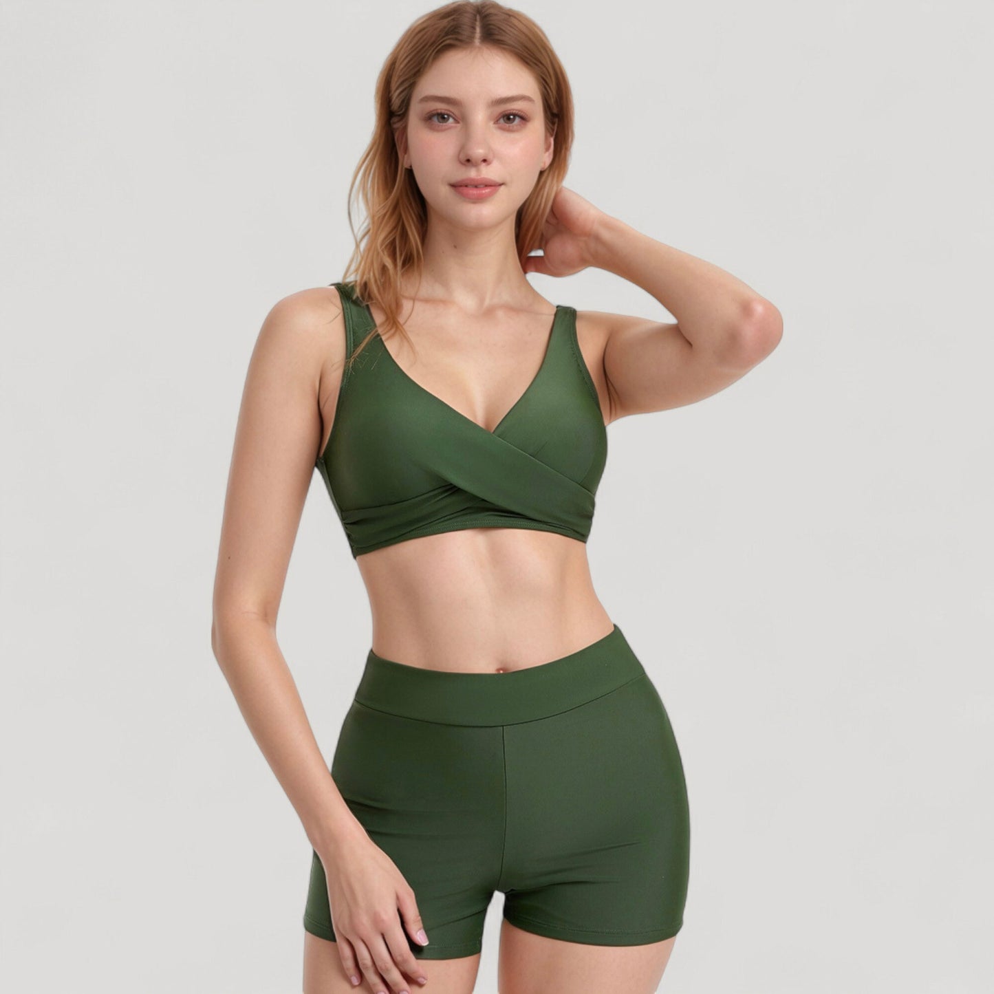 Twist Front Bikini Top and High Waist Swim Shorts Set with Supportive Wide Straps and Soft Stretch Fit