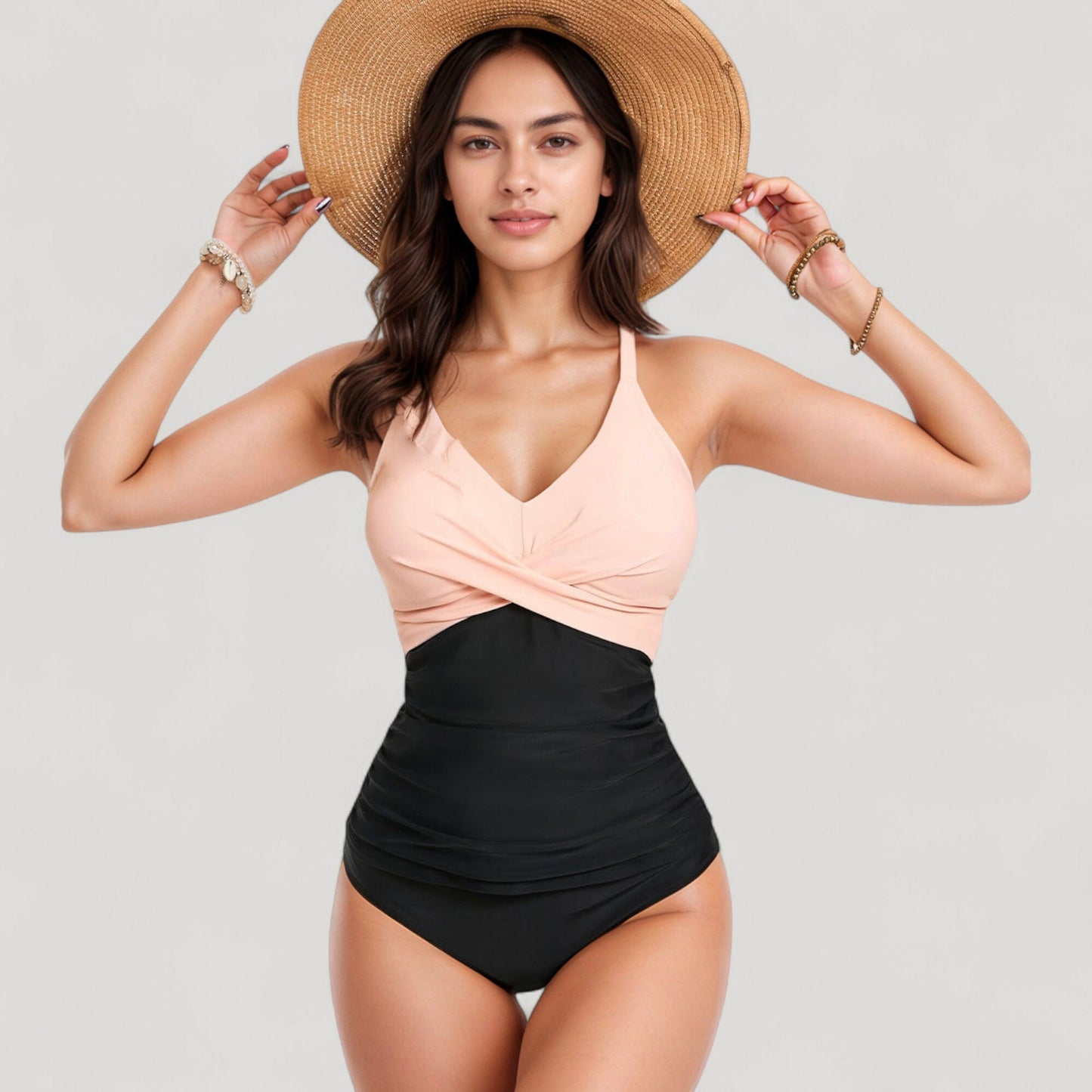 Twist Front One Piece Swimsuit with Ruched Waist Panel and Adjustable Straps for Flattering Shaping and Support