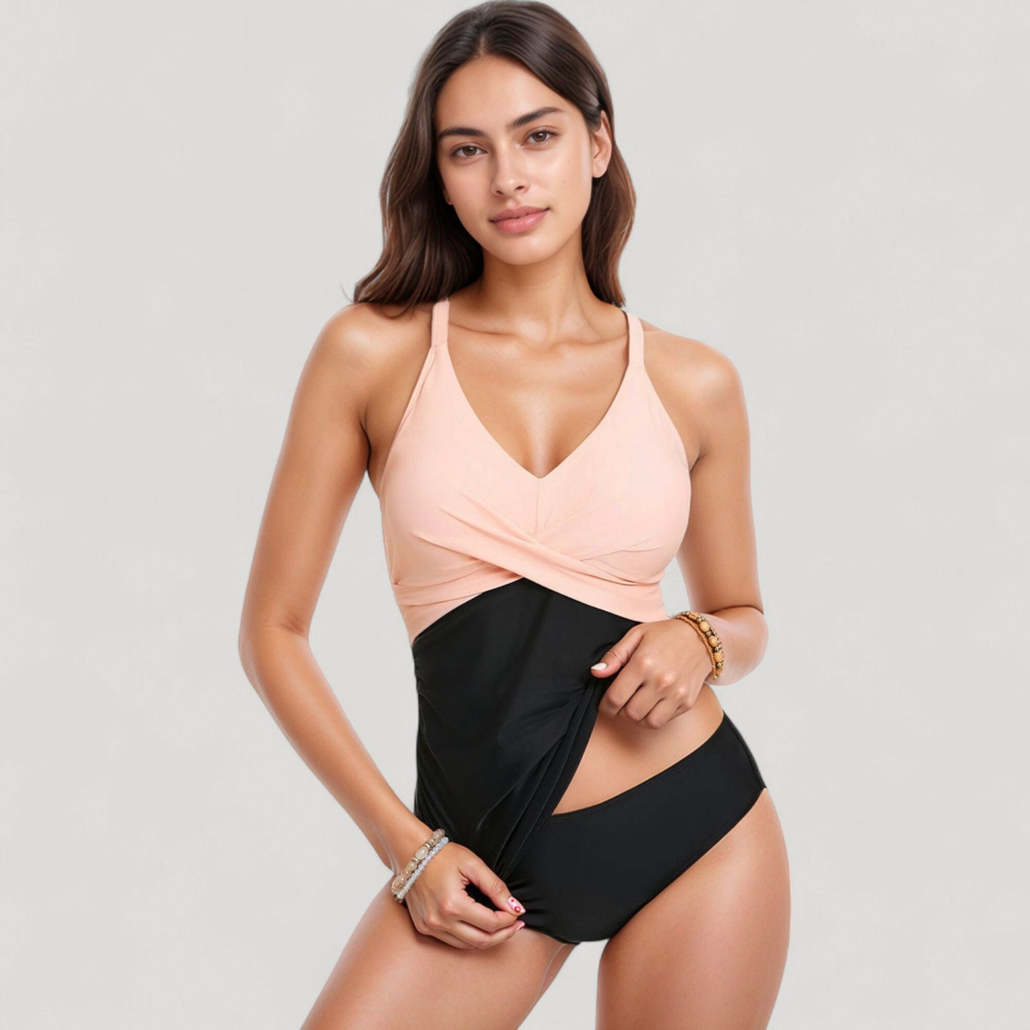 Twist Front One Piece Swimsuit with Ruched Waist Panel and Adjustable Straps for Flattering Shaping and Support