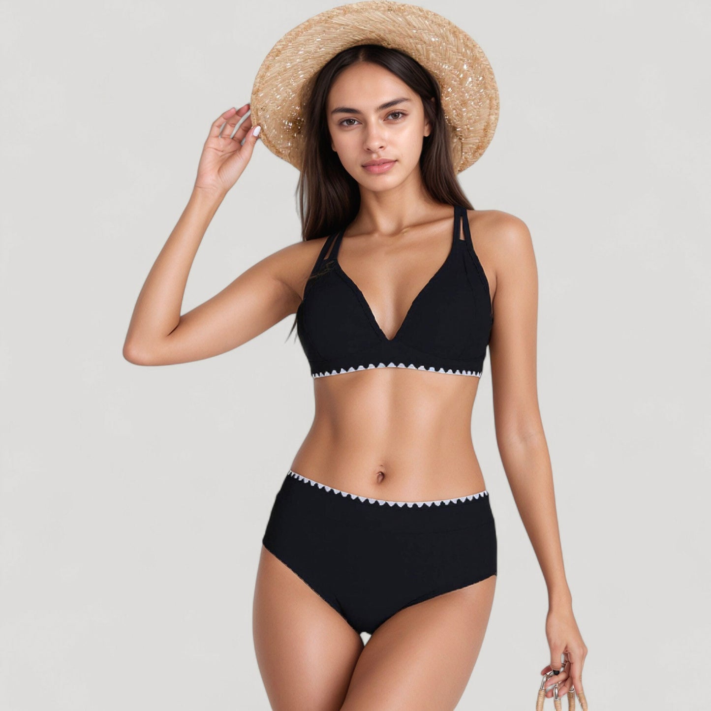 High Waist Bikini Set with Triangle Trim Details and Adjustable Straps for a Supportive and Flattering Beachwear Look