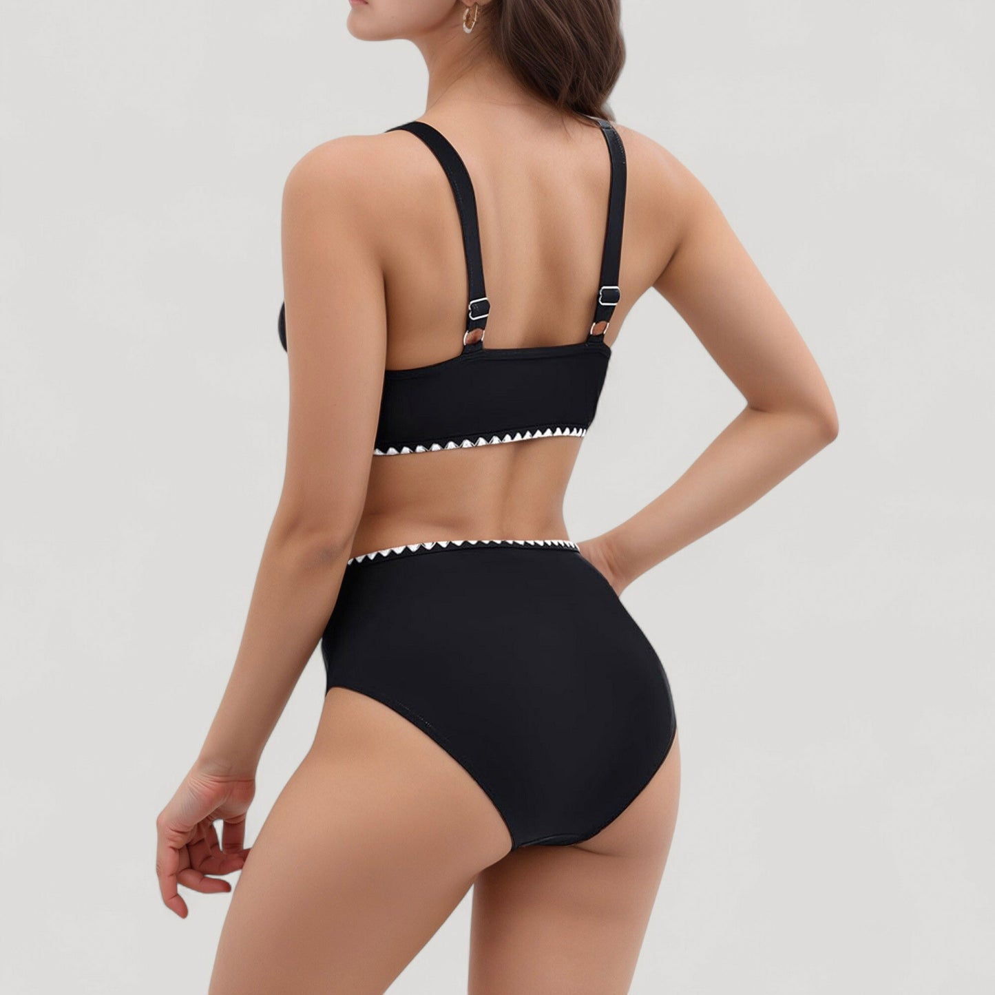 High Waist Bikini Set with Triangle Trim Details and Adjustable Straps for a Supportive and Flattering Beachwear Look