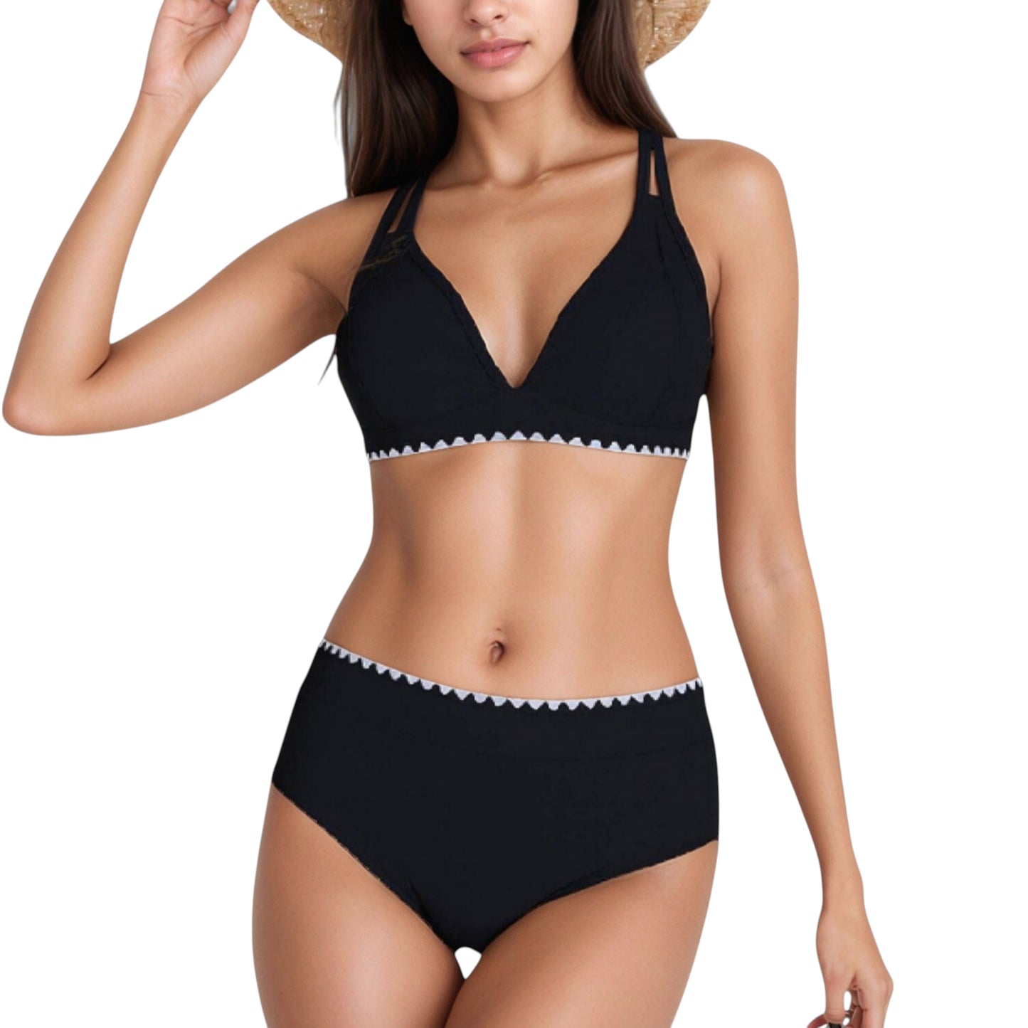 High Waist Bikini Set with Triangle Trim Details and Adjustable Straps for a Supportive and Flattering Beachwear Look