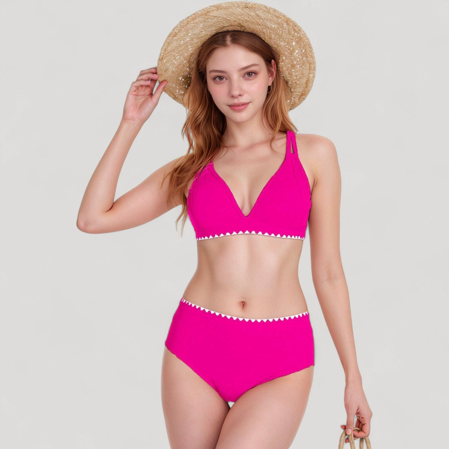 High Waist Bikini Set with Triangle Trim Details and Adjustable Straps for a Supportive and Flattering Beachwear Look