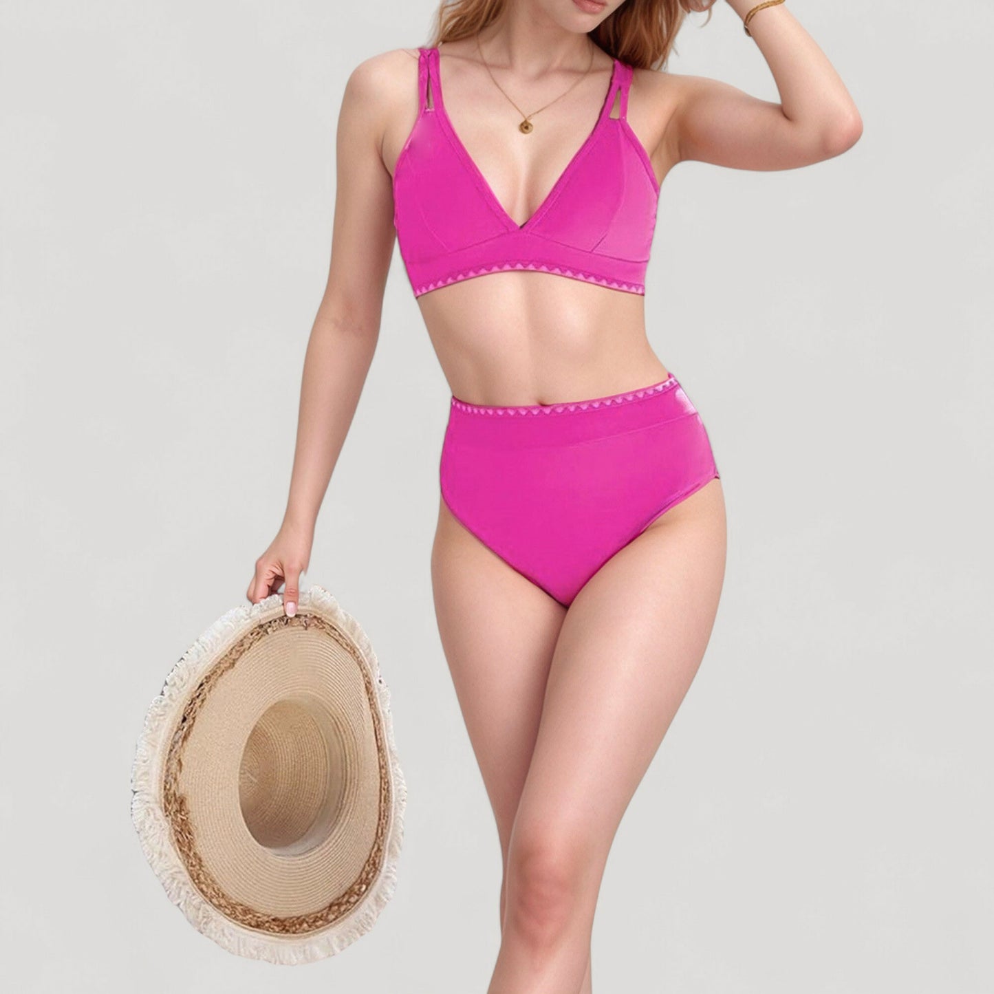 High Waist Bikini Set with Triangle Trim Details and Adjustable Straps for a Supportive and Flattering Beachwear Look