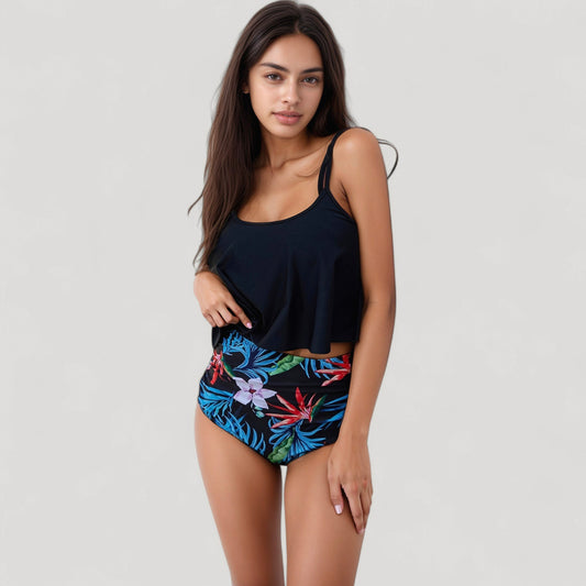 Tankini Swimsuit with Loose Flowy Top and Tropical High Waist Bottom for Comfortable and Stylish Beachwear