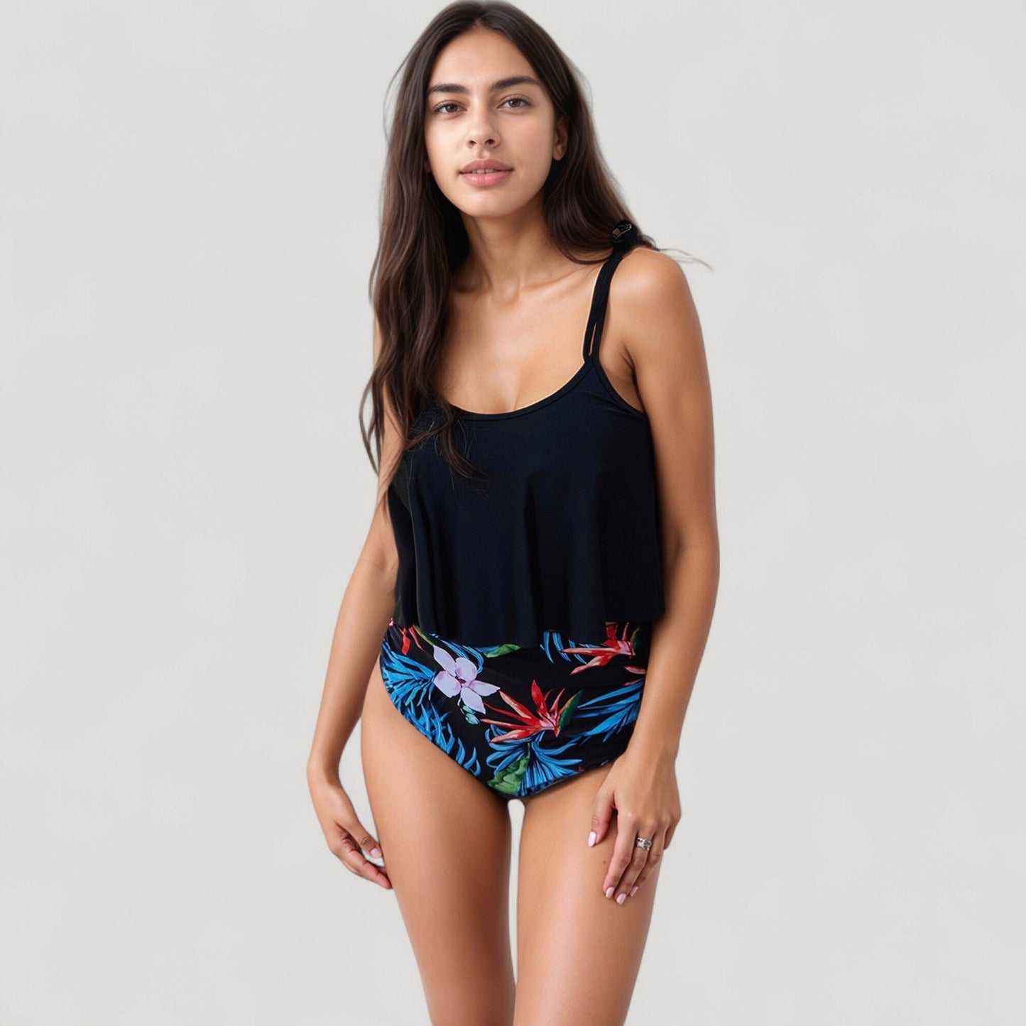 Tankini Swimsuit with Loose Flowy Top and Tropical High Waist Bottom for Comfortable and Stylish Beachwear