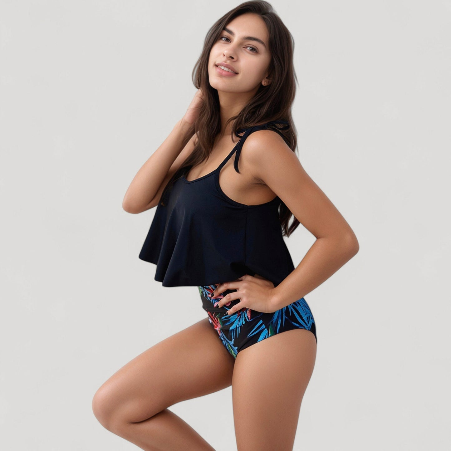 Tankini Swimsuit with Loose Flowy Top and Tropical High Waist Bottom for Comfortable and Stylish Beachwear