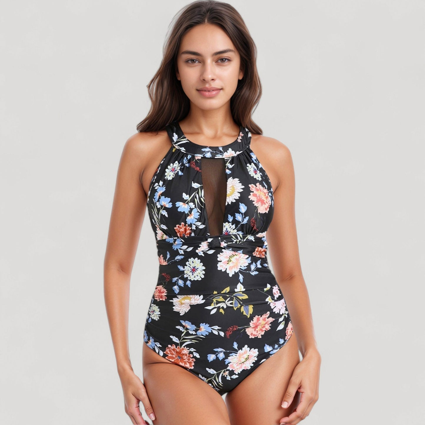 Halter Neck One Piece Swimsuit with Keyhole Front Detail and Floral Patterned Bodice for a Feminine and Flattering Look