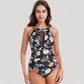 Halter Neck One Piece Swimsuit with Keyhole Front Detail and Floral Patterned Bodice for a Feminine and Flattering Look