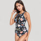 Halter Neck One Piece Swimsuit with Keyhole Front Detail and Floral Patterned Bodice for a Feminine and Flattering Look