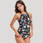 Halter Neck One Piece Swimsuit with Keyhole Front Detail and Floral Patterned Bodice for a Feminine and Flattering Look