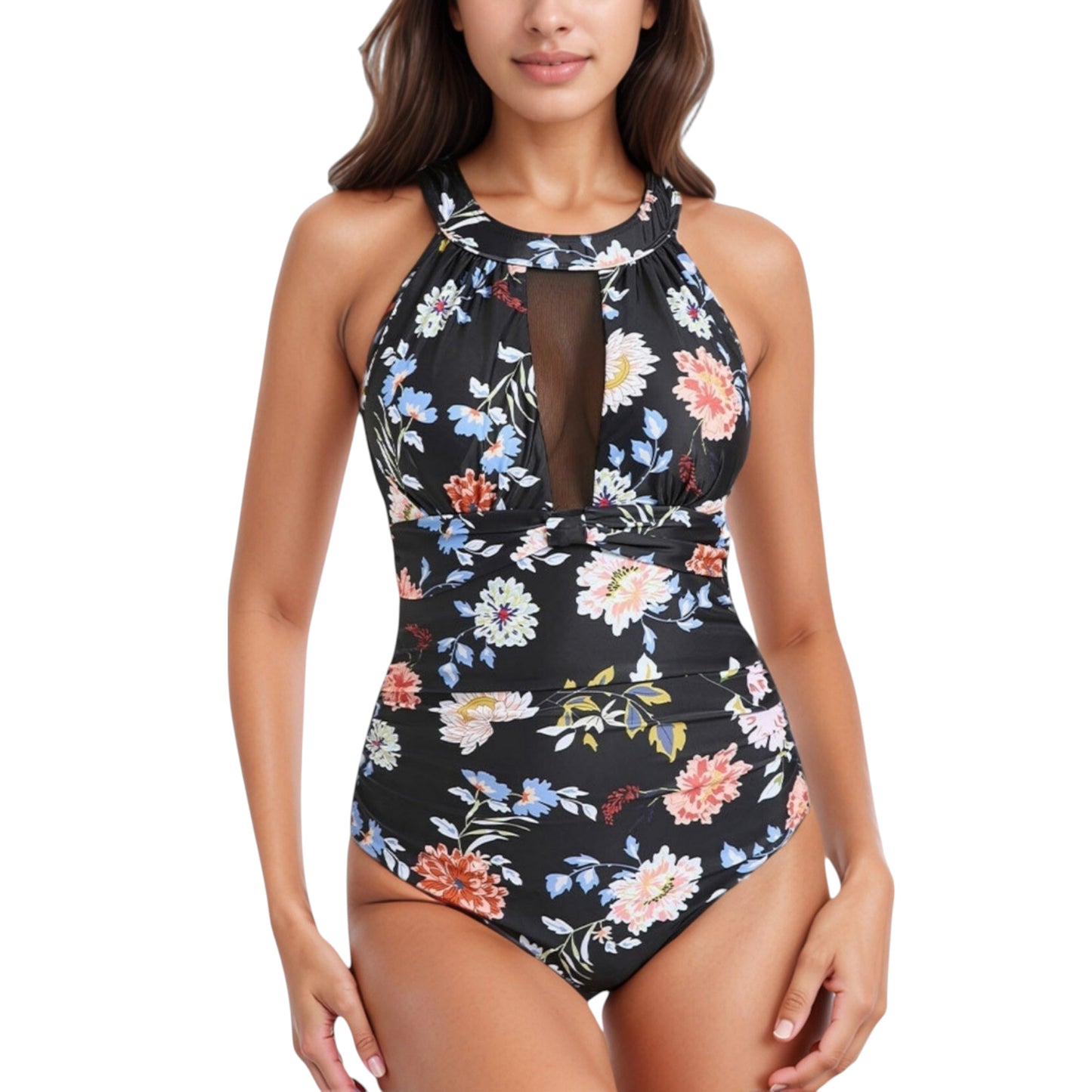Halter Neck One Piece Swimsuit with Keyhole Front Detail and Floral Patterned Bodice for a Feminine and Flattering Look