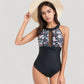 Halter Neck One Piece Swimsuit with Keyhole Front Detail and Floral Patterned Bodice for a Feminine and Flattering Look