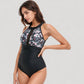 Halter Neck One Piece Swimsuit with Keyhole Front Detail and Floral Patterned Bodice for a Feminine and Flattering Look