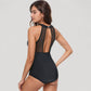 Halter Neck One Piece Swimsuit with Keyhole Front Detail and Floral Patterned Bodice for a Feminine and Flattering Look
