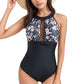 Halter Neck One Piece Swimsuit with Keyhole Front Detail and Floral Patterned Bodice for a Feminine and Flattering Look