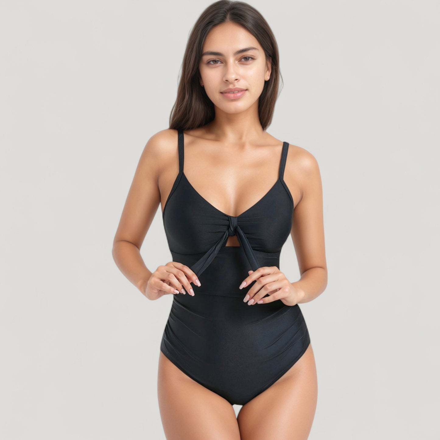 V-Neck One Piece Swimsuit with Front Tie Detail and Subtle Ruching