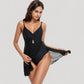 One Piece Swim Dress with Twist Front Bodice and Sheer Mesh Skirt Overlay