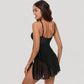 One Piece Swim Dress with Twist Front Bodice and Sheer Mesh Skirt Overlay