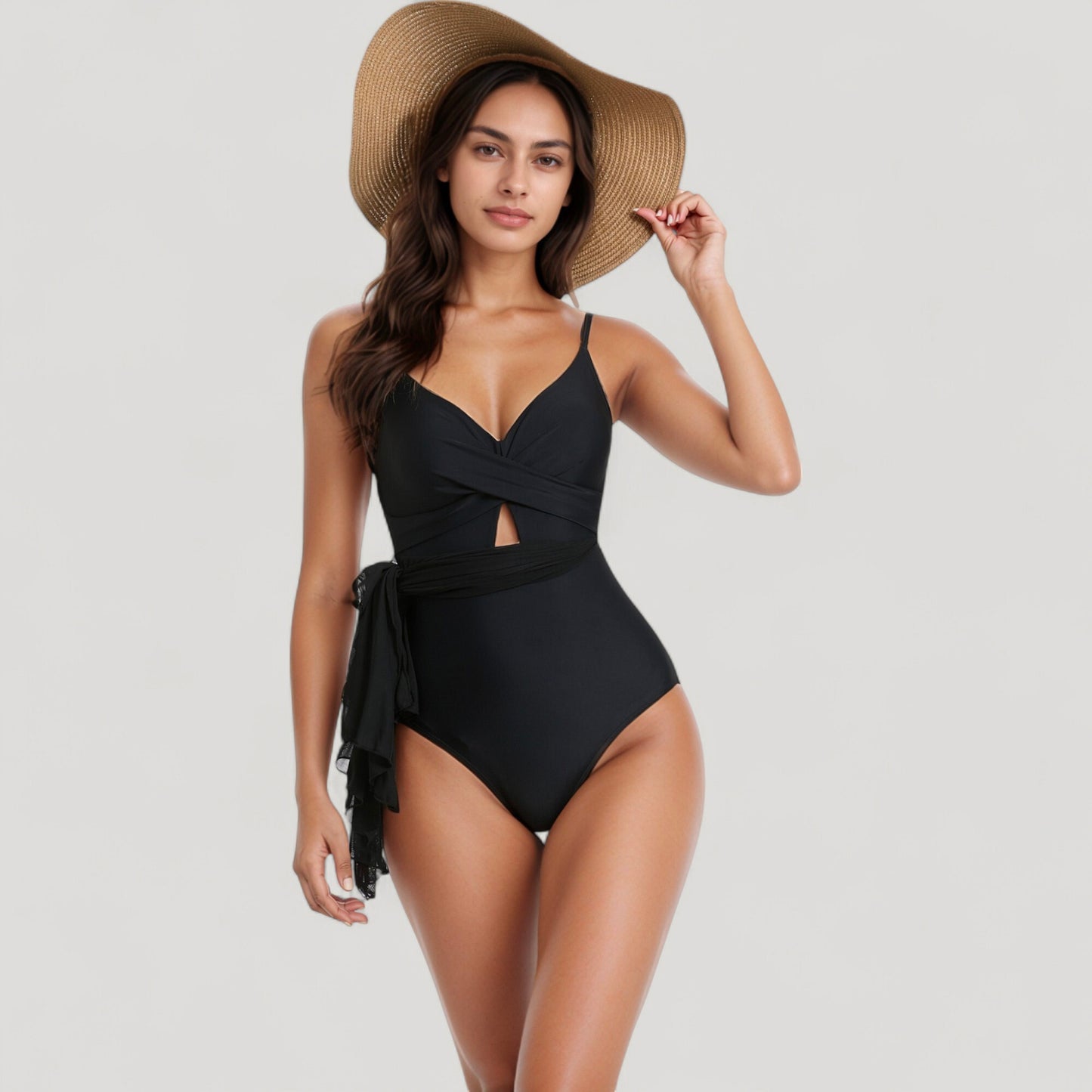 One Piece Swim Dress with Twist Front Bodice and Sheer Mesh Skirt Overlay