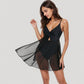 One Piece Swim Dress with Twist Front Bodice and Sheer Mesh Skirt Overlay
