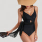 One Piece Swim Dress with Twist Front Bodice and Sheer Mesh Skirt Overlay