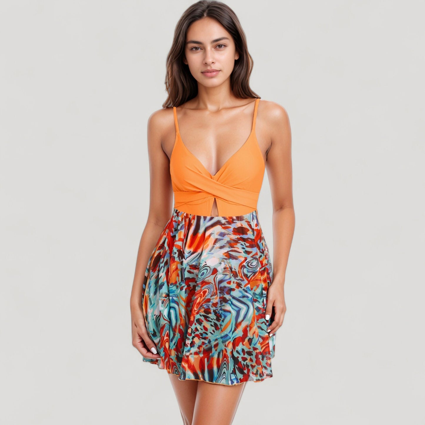 One Piece Swim Dress with Twist Front Bodice and Sheer Mesh Skirt Overlay