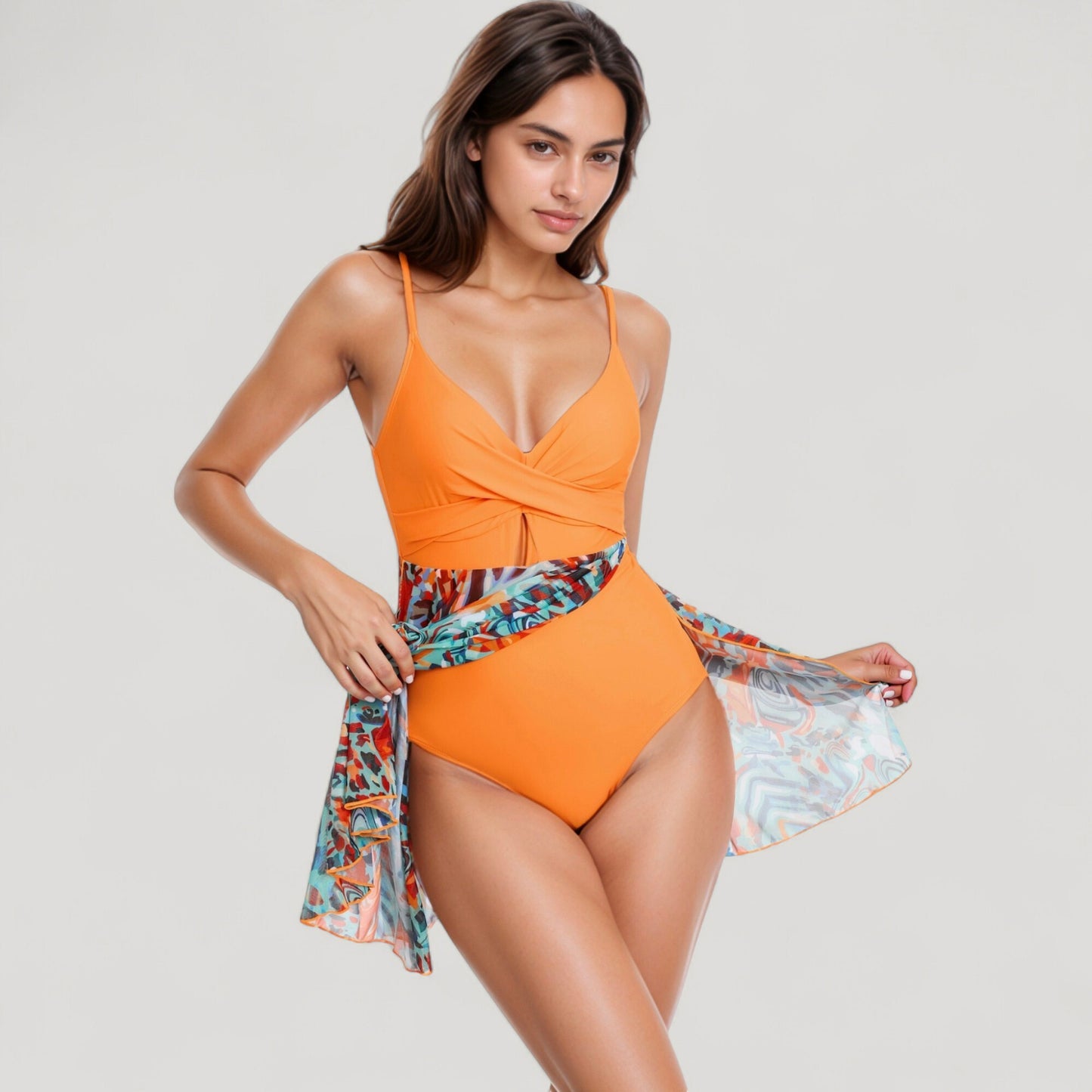 One Piece Swim Dress with Twist Front Bodice and Sheer Mesh Skirt Overlay
