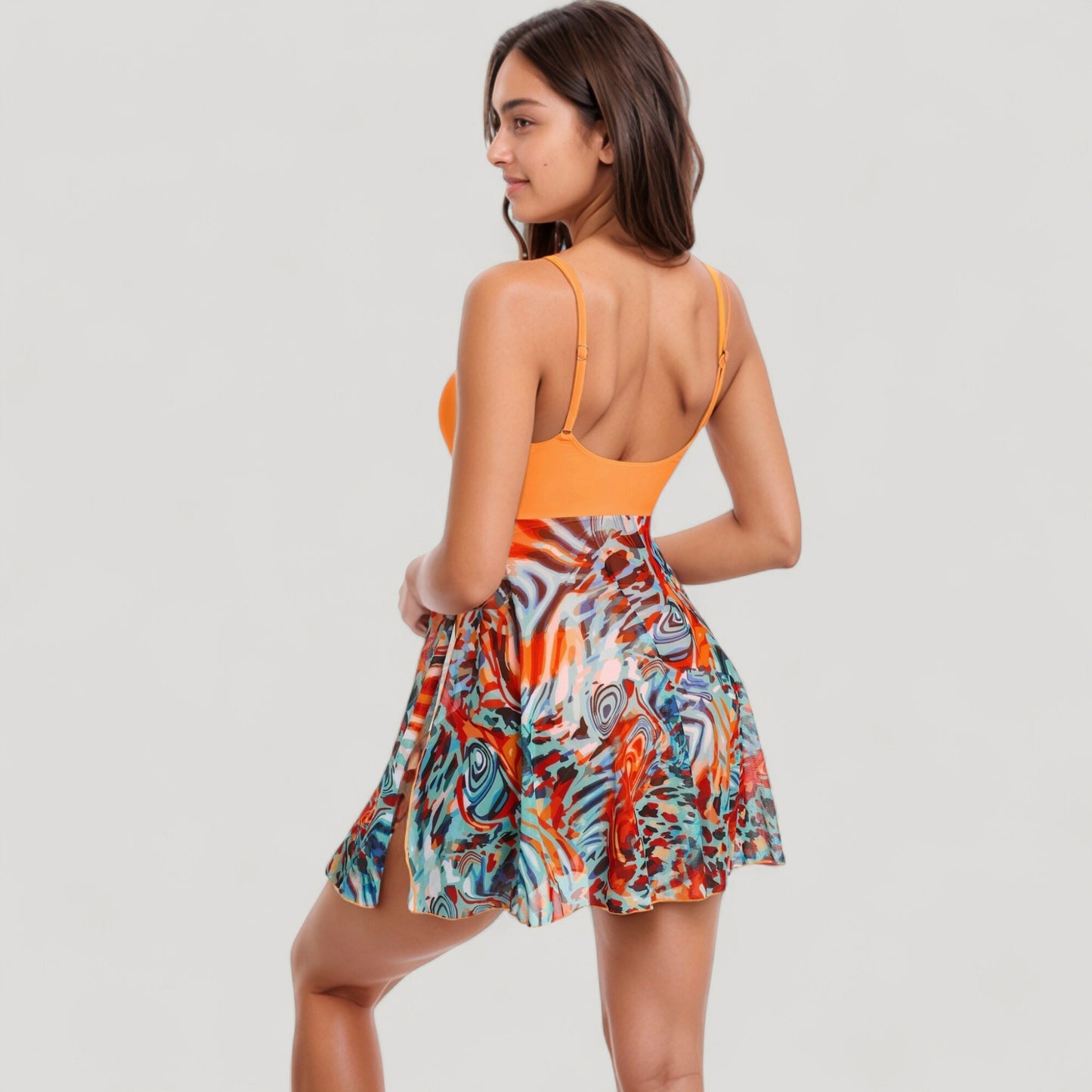 One Piece Swim Dress with Twist Front Bodice and Sheer Mesh Skirt Overlay