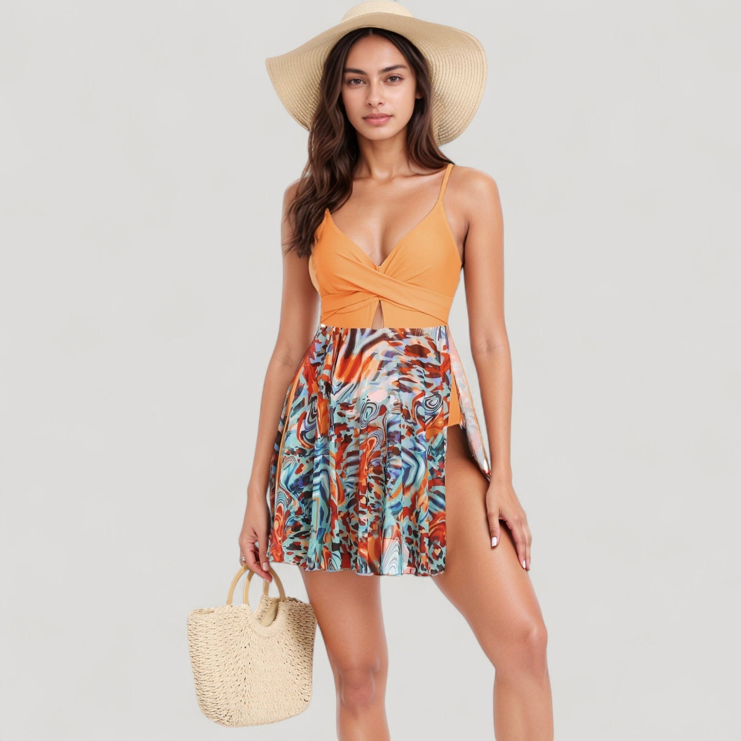 One Piece Swim Dress with Twist Front Bodice and Sheer Mesh Skirt Overlay
