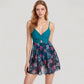 One Piece Swim Dress with Twist Front Bodice and Sheer Mesh Skirt Overlay