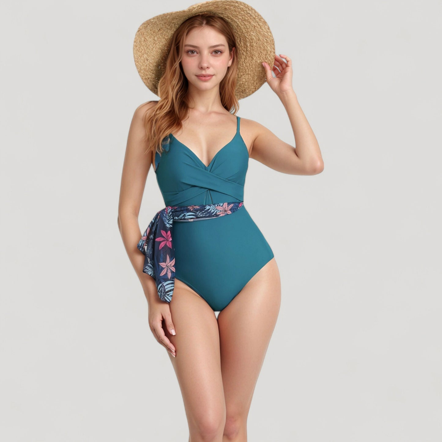 One Piece Swim Dress with Twist Front Bodice and Sheer Mesh Skirt Overlay