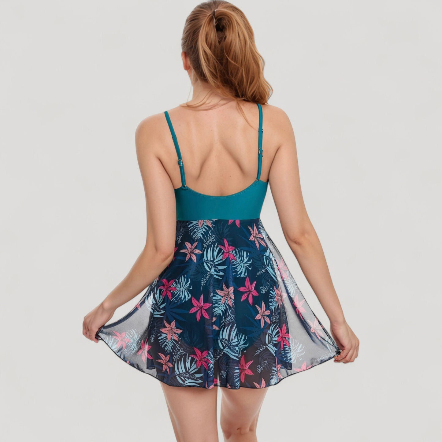 One Piece Swim Dress with Twist Front Bodice and Sheer Mesh Skirt Overlay