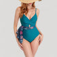 One Piece Swim Dress with Twist Front Bodice and Sheer Mesh Skirt Overlay