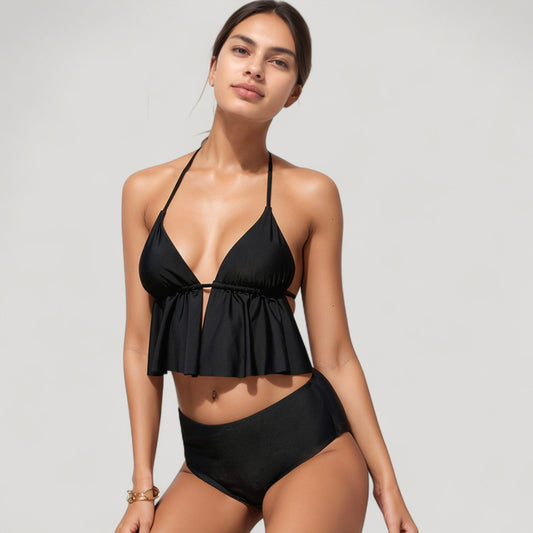 Halter Bikini Set with Ruffle Tank Style Top and High Waist Bottoms