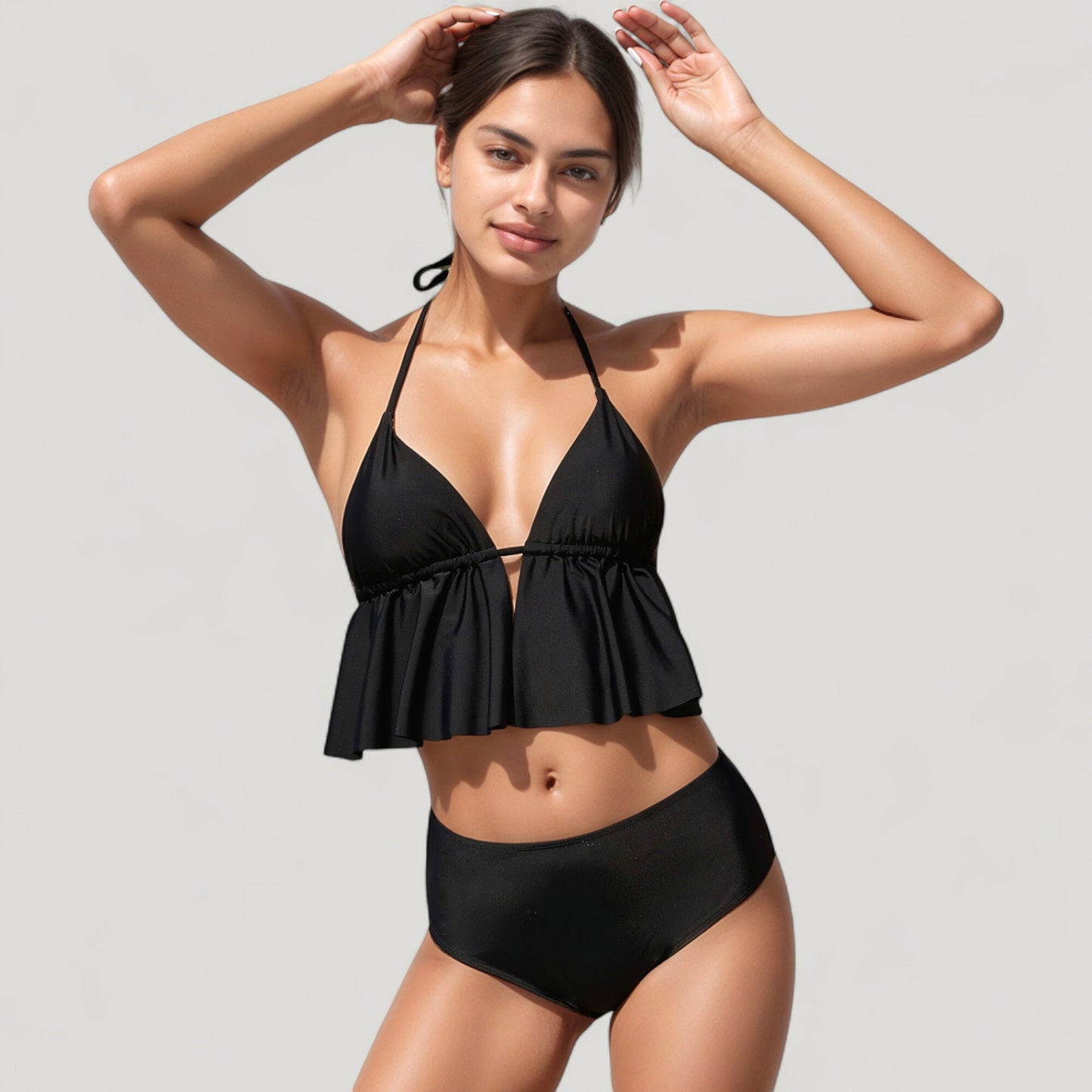 Halter Bikini Set with Ruffle Tank Style Top and High Waist Bottoms