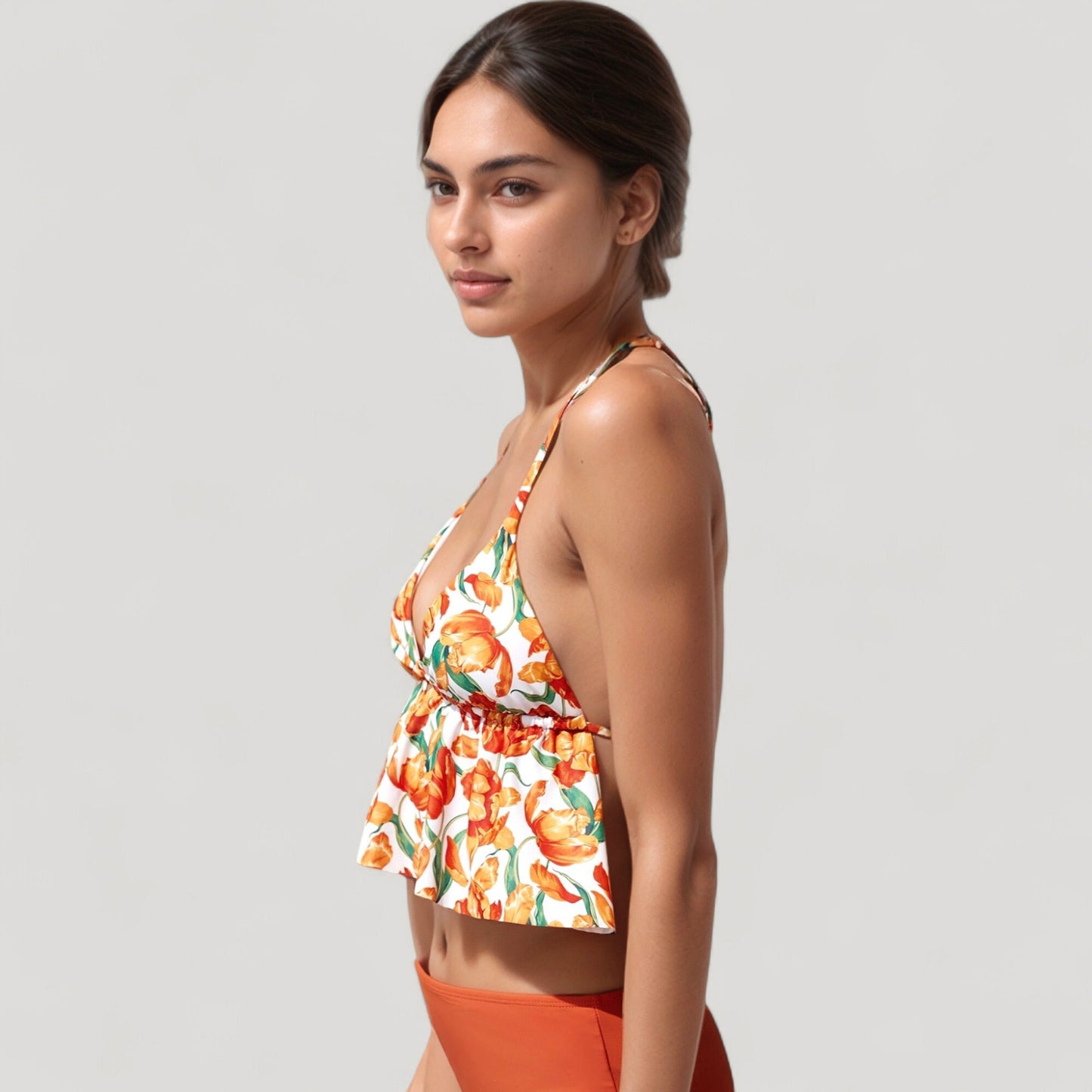 Halter Bikini Set with Ruffle Tank Style Top and High Waist Bottoms