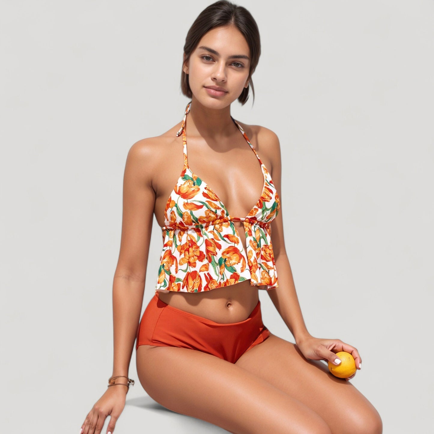 Halter Bikini Set with Ruffle Tank Style Top and High Waist Bottoms