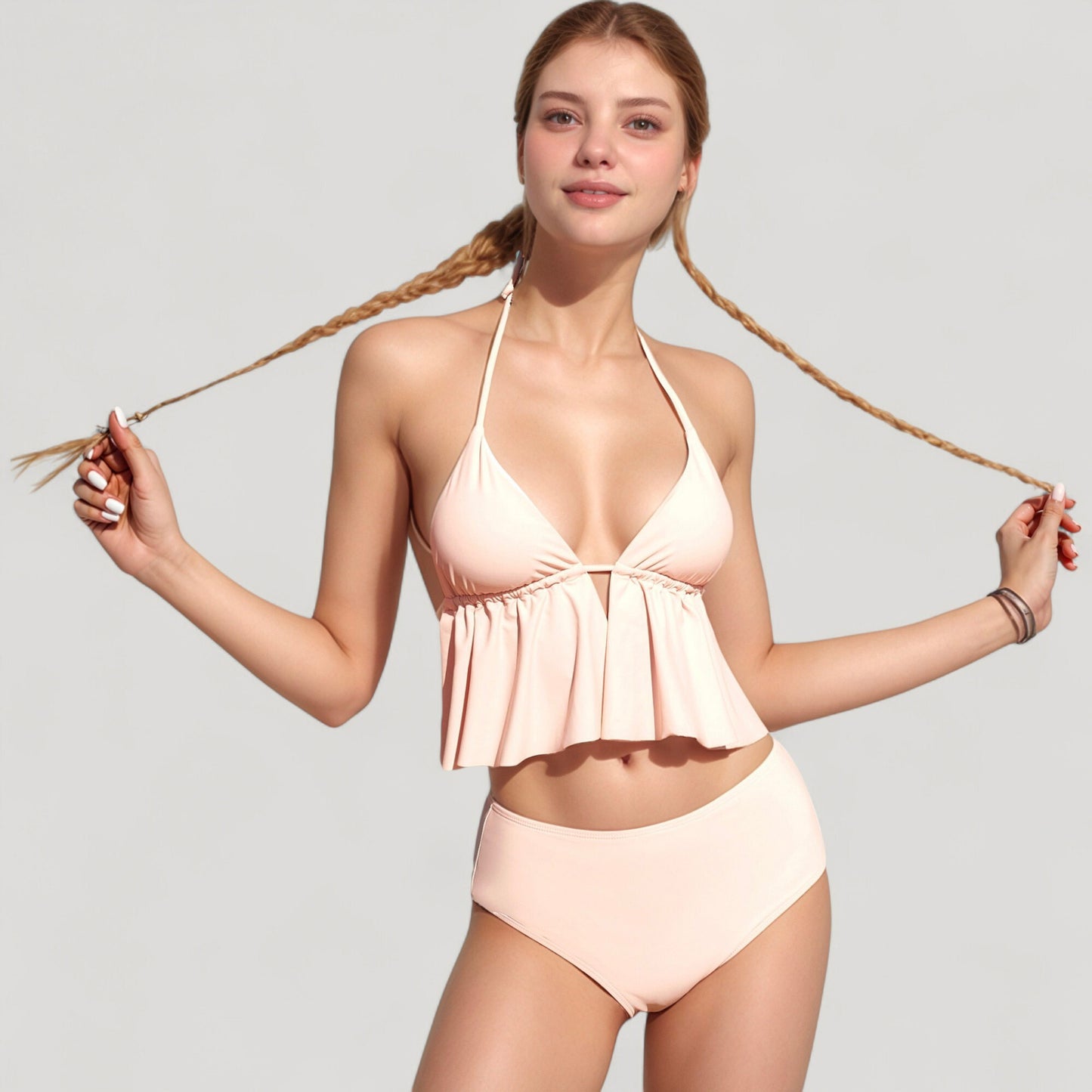Halter Bikini Set with Ruffle Tank Style Top and High Waist Bottoms