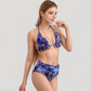 Ruffle Trim Swirl Print Halter Bikini Set with High Waist Bottoms