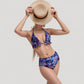 Ruffle Trim Swirl Print Halter Bikini Set with High Waist Bottoms