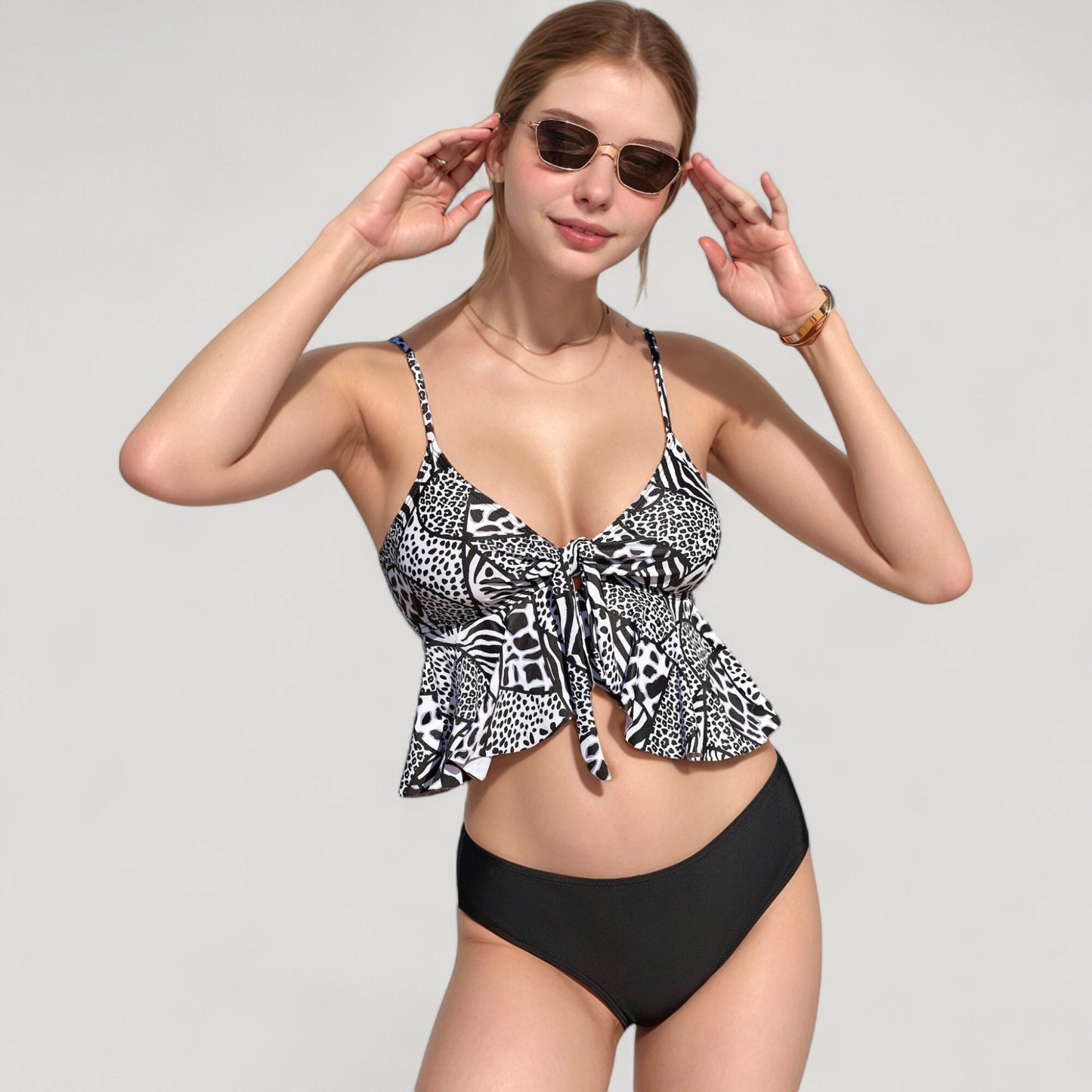 Ruffle Tankini Bikini Set with Tropical Leaf Print Bow Front Detail and Adjustable Straps for a Comfortable Fit